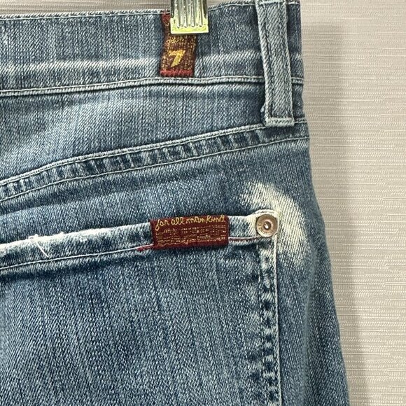 7 For All Mankind Jeans Mens 33 Bootcut Cotton Pockets Holes Distressed Fray Hem - Picture 13 of 16